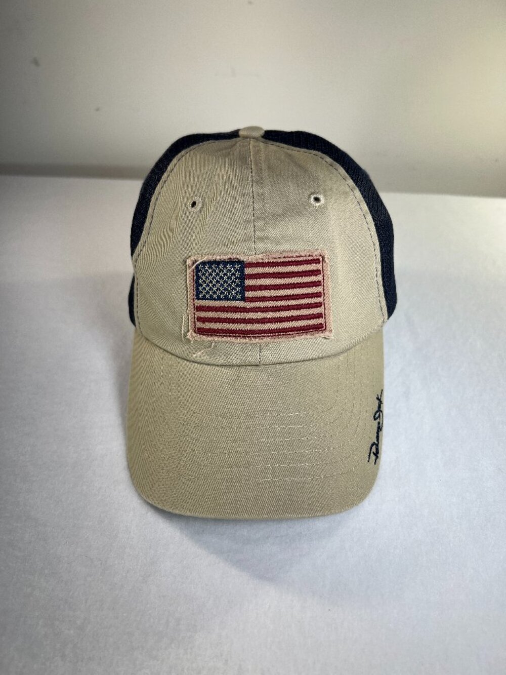 Panama Jack OS Khaki/Navy Blue Frayed-edged Trucker Baseball Cap Hat USA America